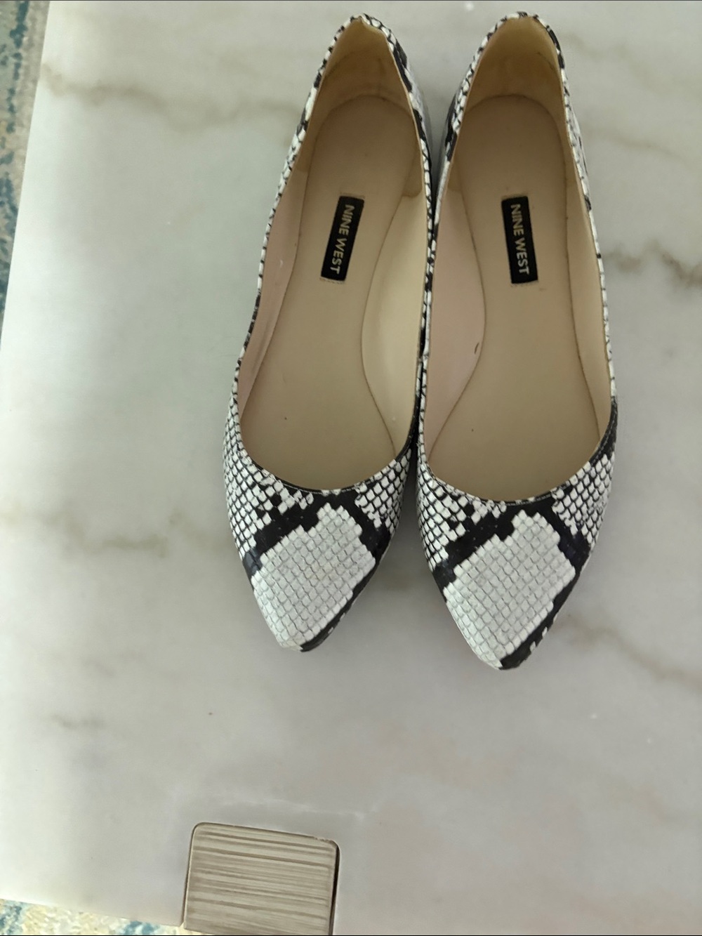 Nine West Black and White Snake-Print Pointed Flats